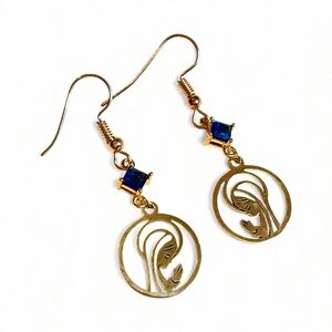 Gold Mary Earrings Dark Blue Glass Crystal 2” Drop Dangle Handmade